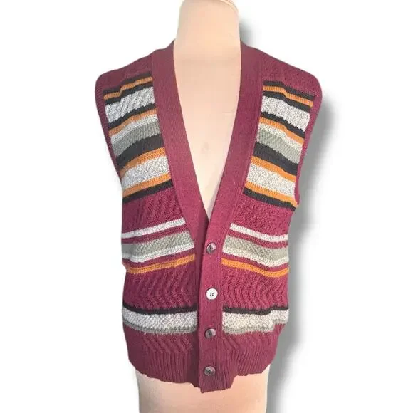 Vintage London Fog Striped Knit Sweater Vest Burgundy Multicolor 90s Grandpa